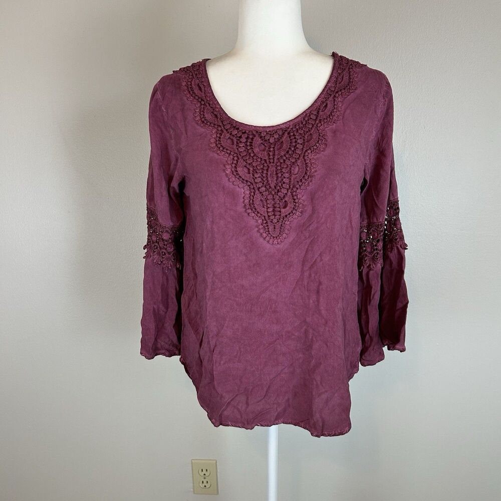 Small Blouse Top Lace Embroidered Boho Folk Peasant Hippie Crochet Loose Purple
